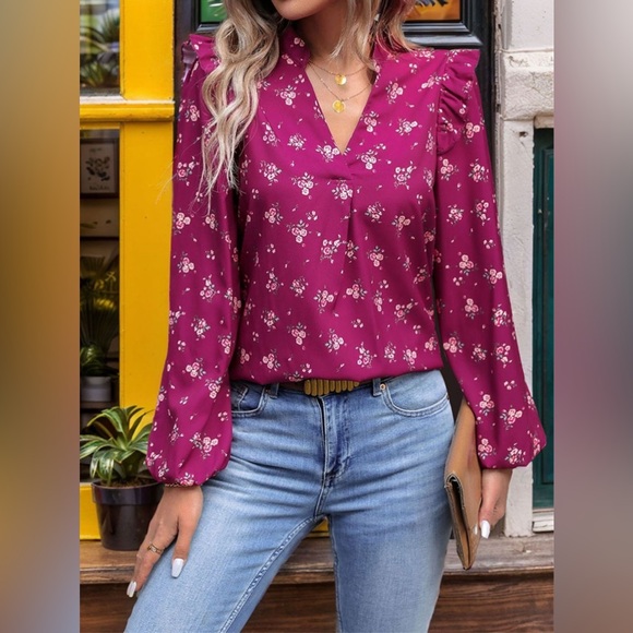 Ruffled Printed Notched Long Sleeve Blouse - Picture 4 of 6